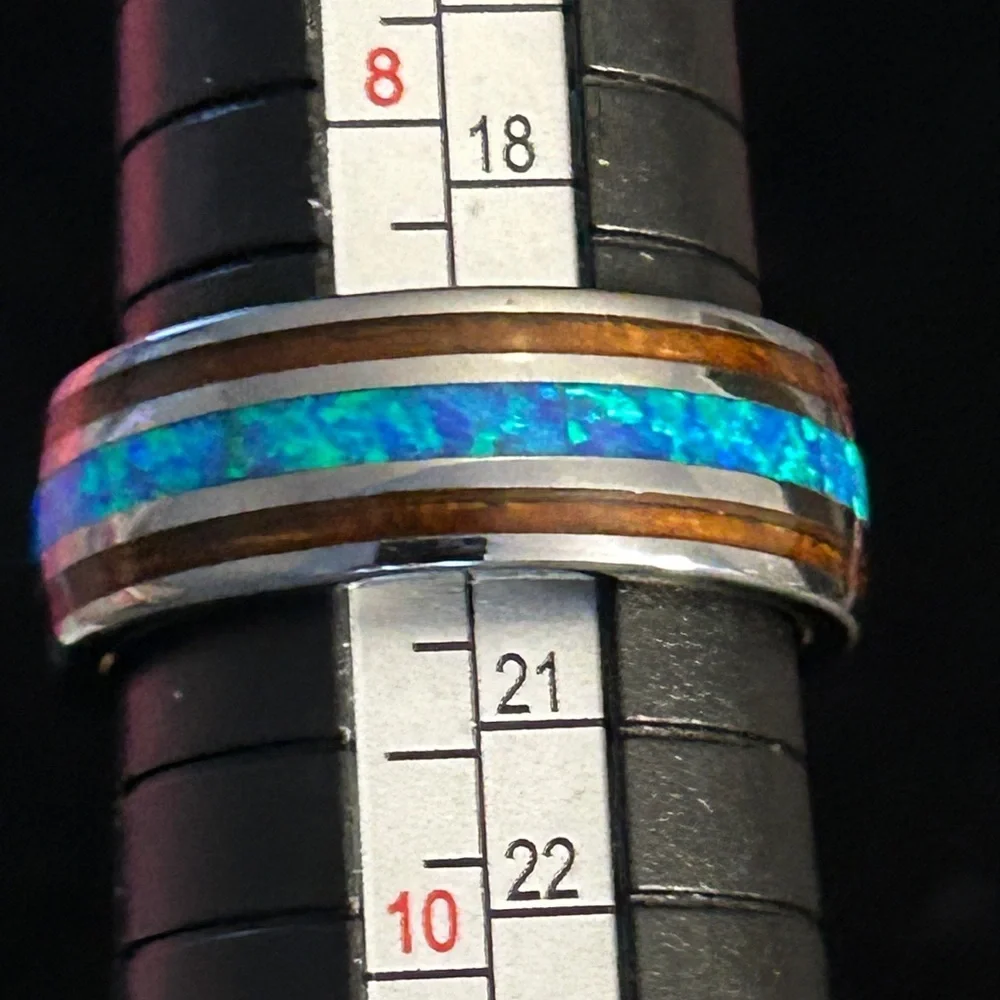Tungsten Carbide inlaid Hawaiian Koa Wood With Opal Ring Size 9